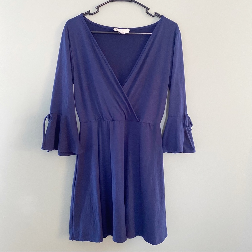 Kadence Navy Blue V Neck Dress Bell Sleeves Size L